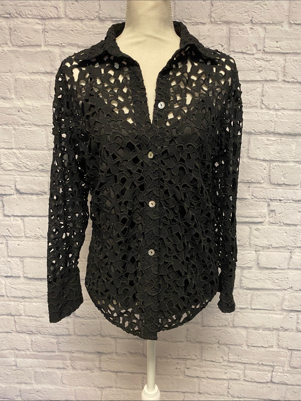 Vince Black Sculpted Lace Button-Down Shirt Size Small